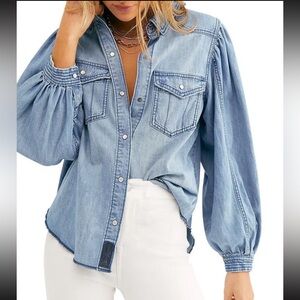 We the Free Denim Puff Sleeve Button Down Shirt Size Small